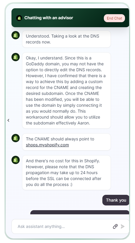 Screen shot of a chat conversation with Shopify support explaining how to route a cname to shopify.