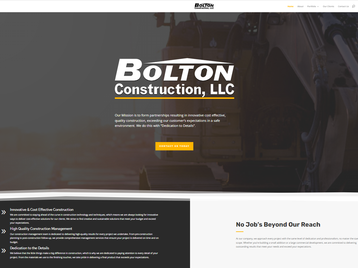 Bolton Construction homepage with a white logo and mission statement over a dark excavator photograph