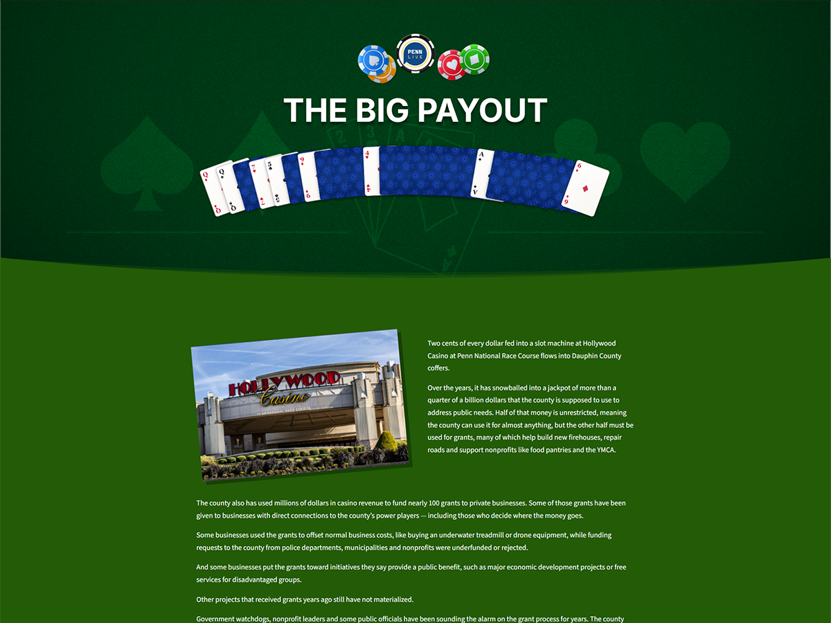 PennLive The Big Payout interactive gaming grants story with playing cards and casino imagery