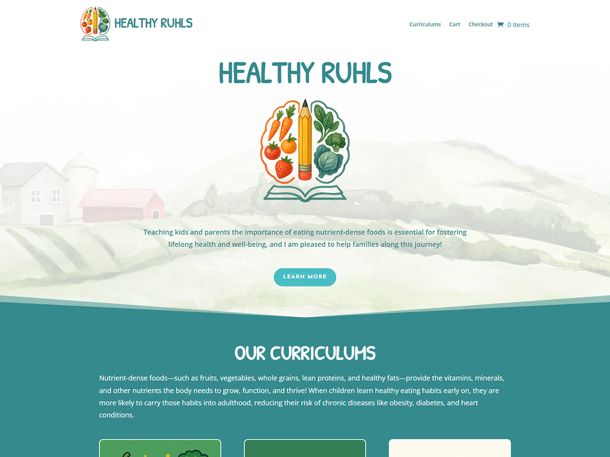 Healthy Ruhls nutrition curriculum homepage with illustrated produce and open-book logo