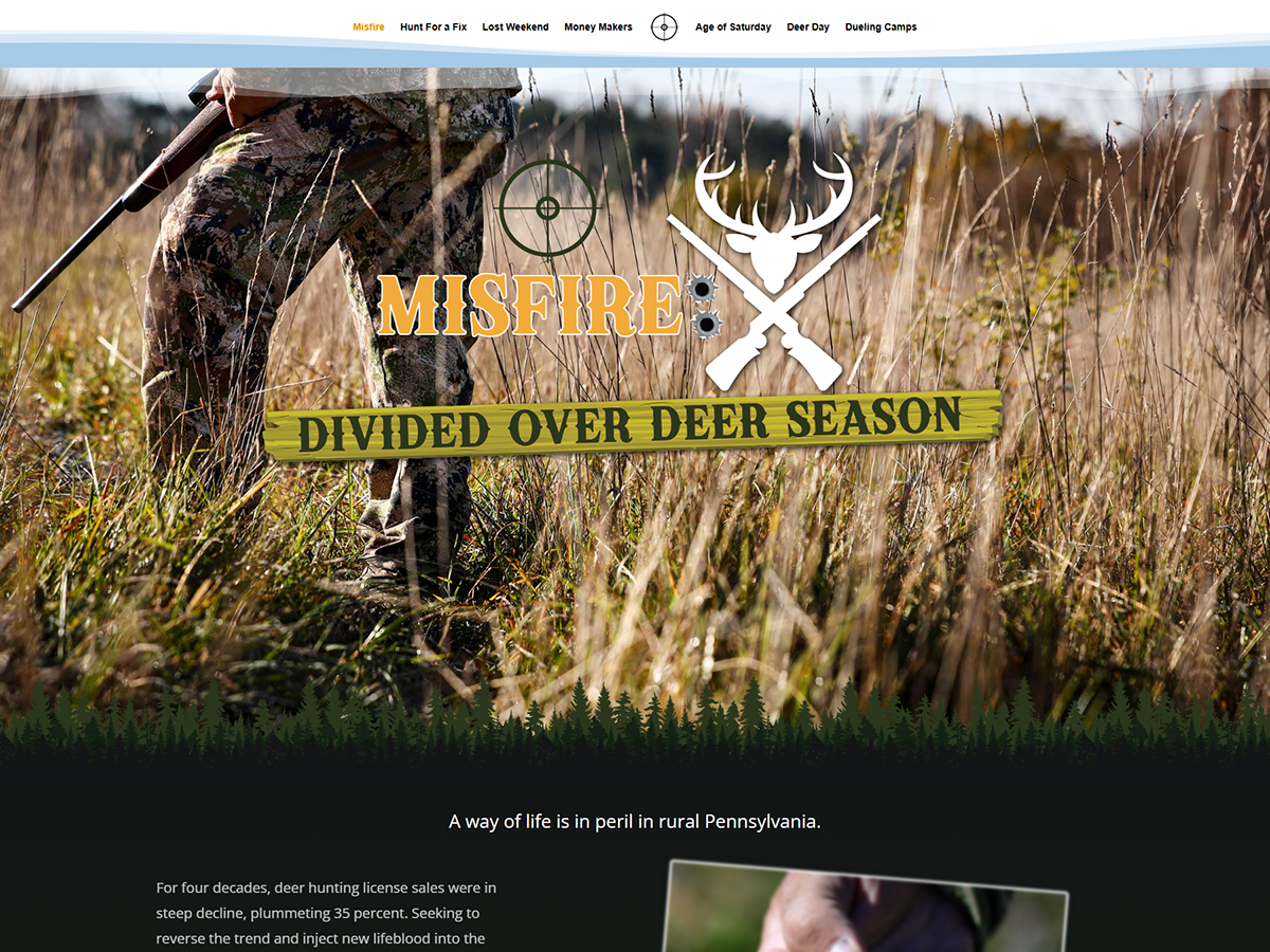 LehighValleyLive Misfire homepage showing a hunter in tall grass beneath deer and rifle artwork