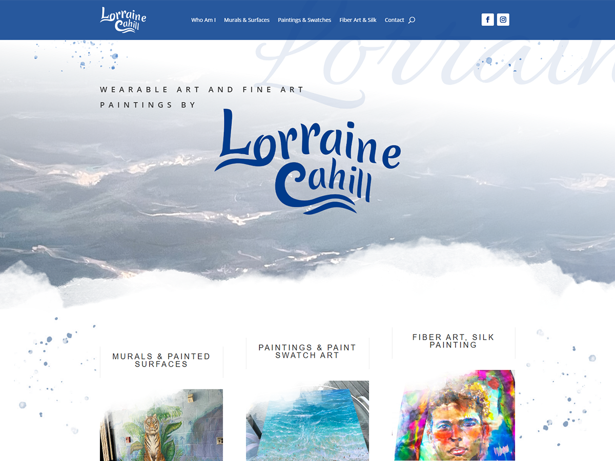 Lorraine Cahill fine art homepage with a blue script logo, mountain landscape, and artwork category previews