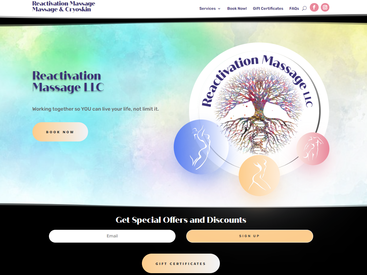 Reactivation Massage homepage with a watercolor background, tree logo, body silhouettes, and Book Now button