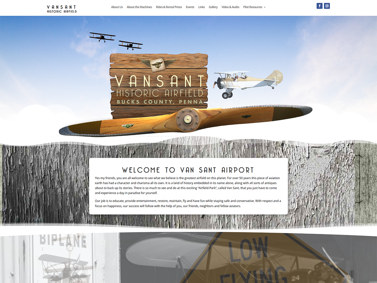 Van Sant Historic Airfield homepage with vintage biplanes, a wooden airfield sign, and an aircraft propeller